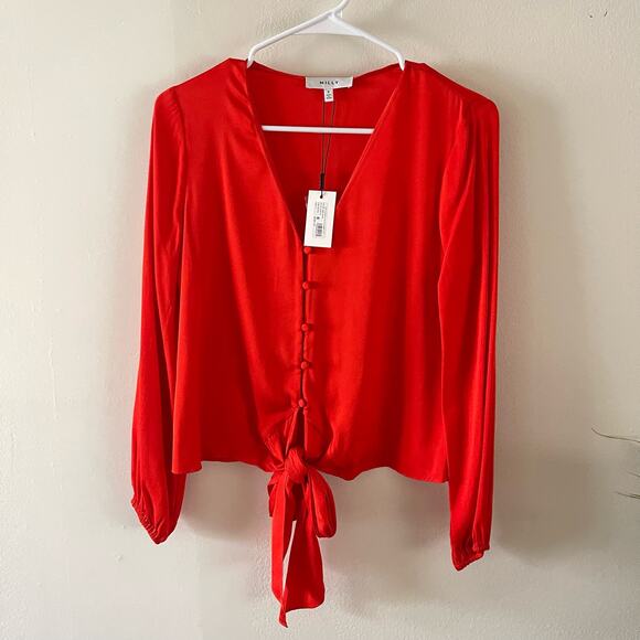 Milly Womens Silk Blend Tie Front Top Size XS Coral Stretch Casual Chic Blouse - Picture 1 of 10
